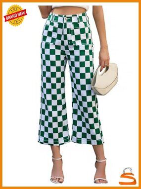 High Waisted Straight Leg Cropped Jeans Checkered Pants with Pockets